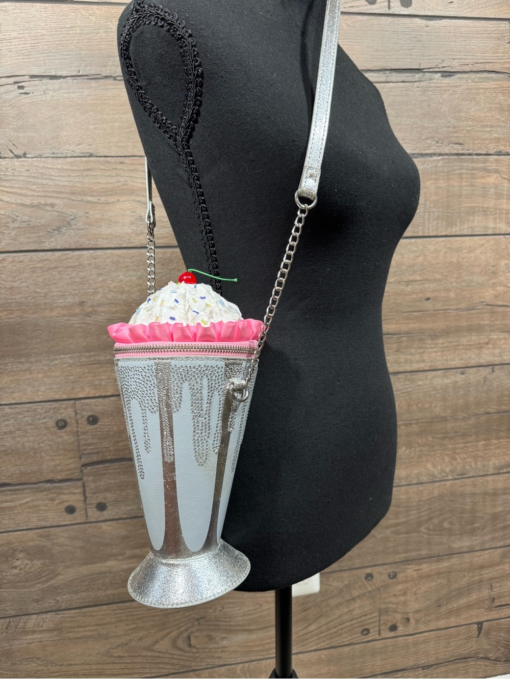 Betsey Johnson Silver and Pink Milkshake Crossbody Bag